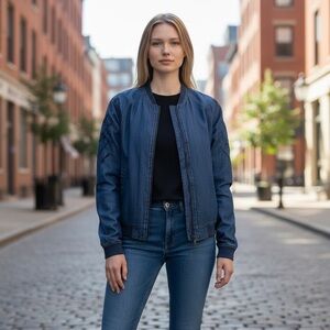 HAYES Indigo Bomber Women’s Jacket sz S Banded Beautiful Embroidered on Sleeve